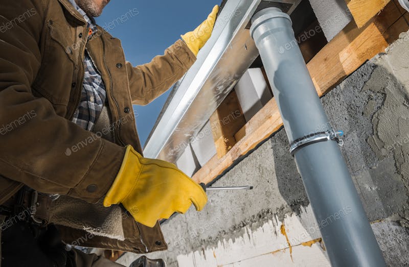 Professional gutter contractor inspecting a gutter system on a residential home