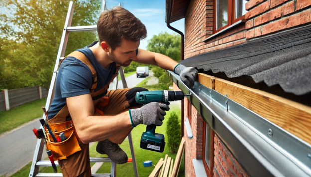 Installing additional gutter hangers to fix sagging gutters.