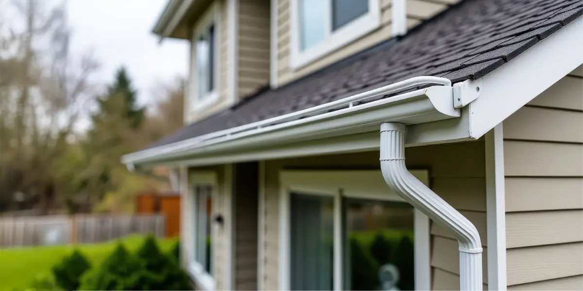 Home gutter system, Townhouse with a new seamless stainless steel gutter modern.