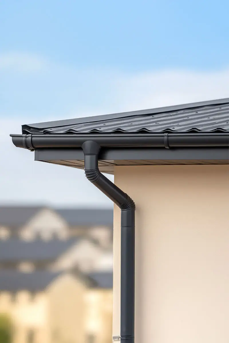 Modern roof design with metal shingles, black gutter system, and seamless connection to building wall under blue sky in suburban setting.