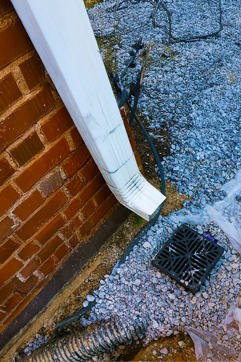 Plastic catch basin installed under a downspout to alleviate drainage issues against a red brick home.