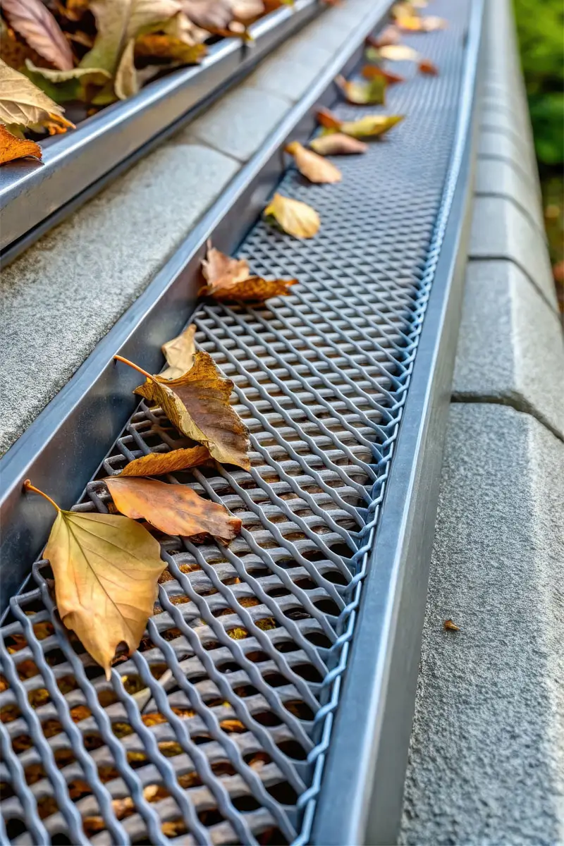 Plastic guard over gutter on a roof to keep it free of leaves.
