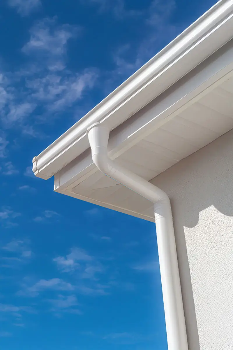 Seamless Gutters for Building Architecture White Plastic Rain Gutter Against Dark Blue Sky Background.