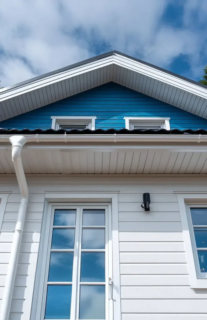 A luxury American single family home neighborhood in the USA features pacific blue vinyl horizontal siding.